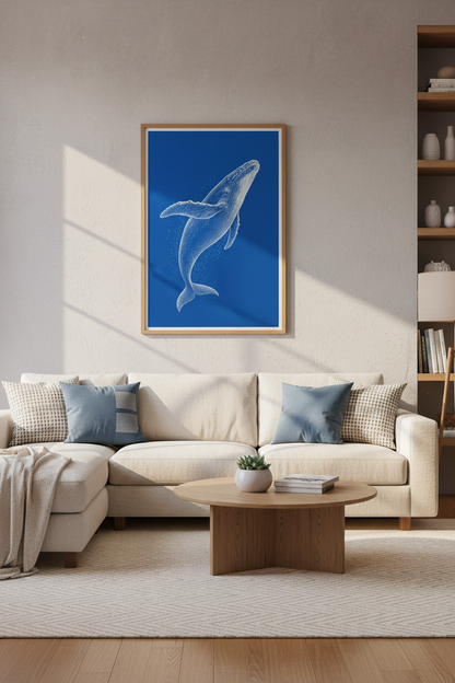 Humpback Whale Blueprint Art | Blue &amp; White Nautical Print, Coastal Decor