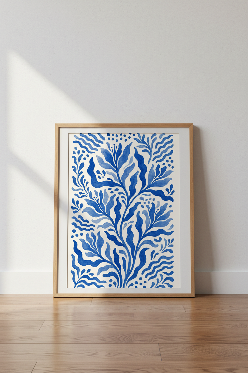 Blue Floral Watercolor Wall Art | Mediterranean Botanical Print, Coastal Living Room Decor