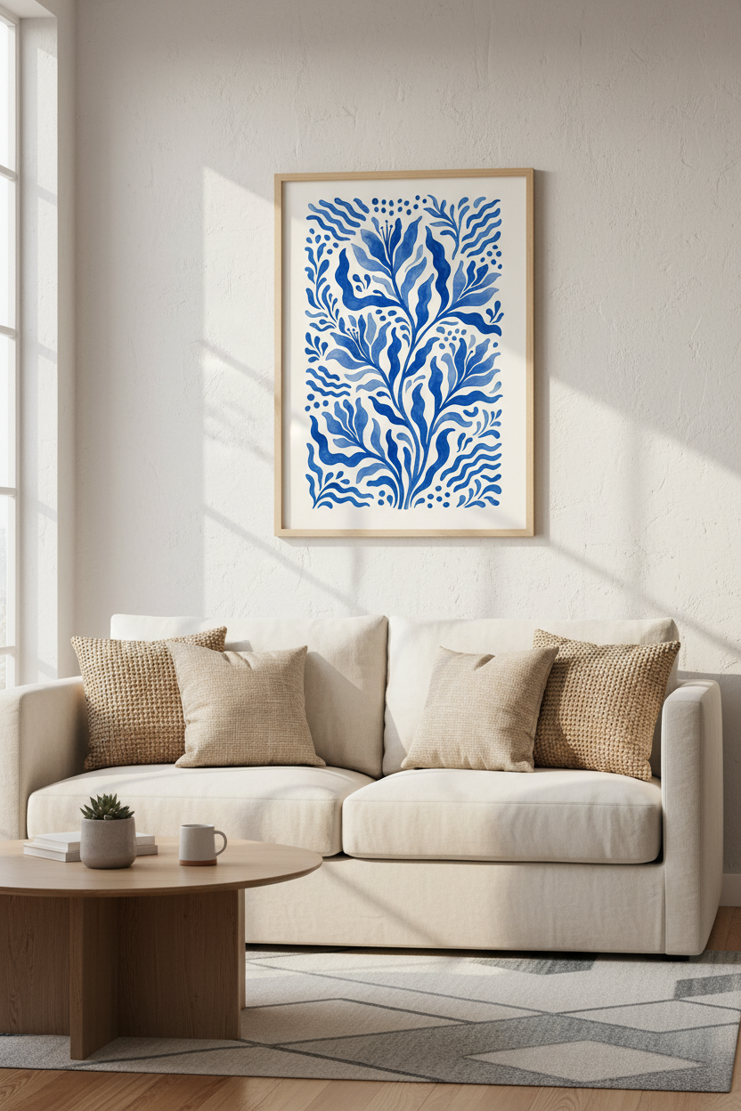 Blue Floral Watercolor Wall Art | Mediterranean Botanical Print, Coastal Living Room Decor