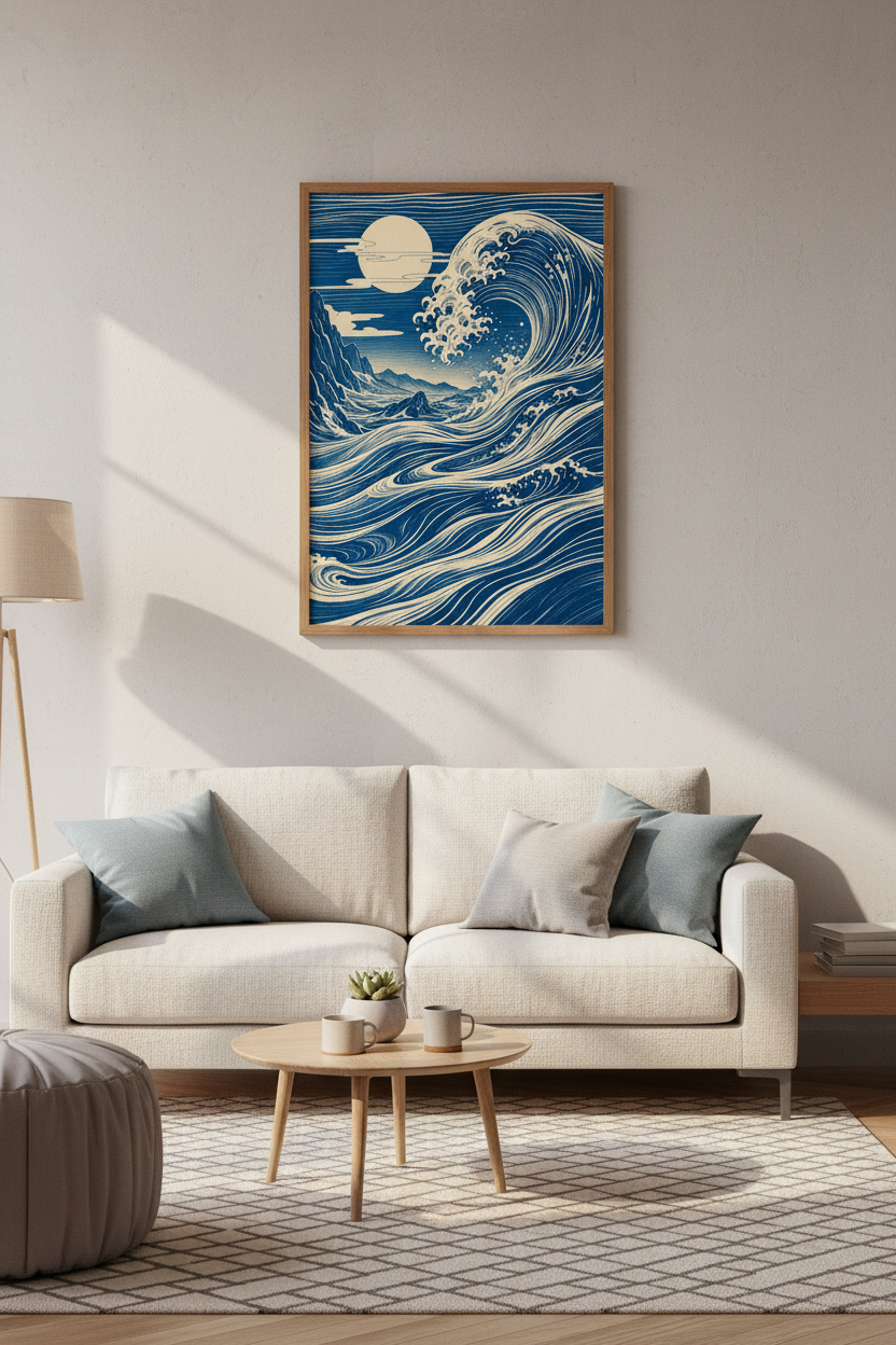 Japanese Wave Wall Art | Indigo Blue Ukiyo-e Poster, Zen Home Decor Art