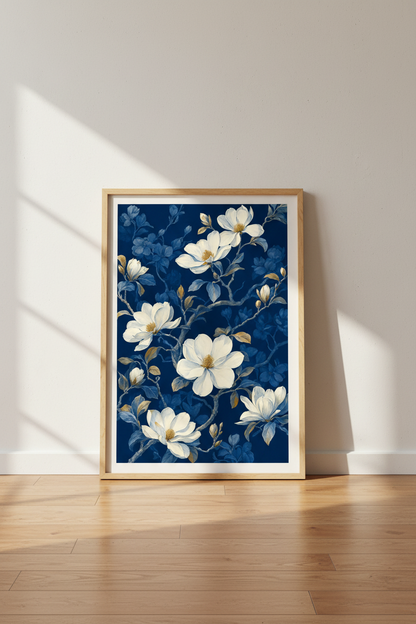 Magnolia Flower Wall Art Print | Navy Blue &amp; White Botanical | Moody Floral Poster Decor