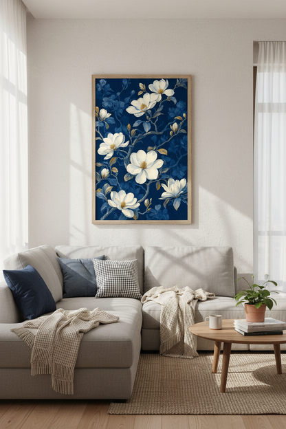 Magnolia Flower Wall Art Print | Navy Blue &amp; White Botanical | Moody Floral Poster Decor