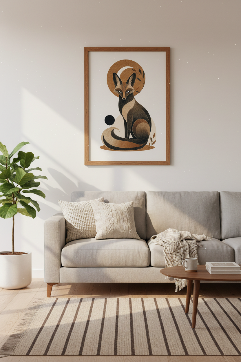 Mystical Fox Moon Wall Art | Geometric Folk Poster, Modern Bohemian Decor