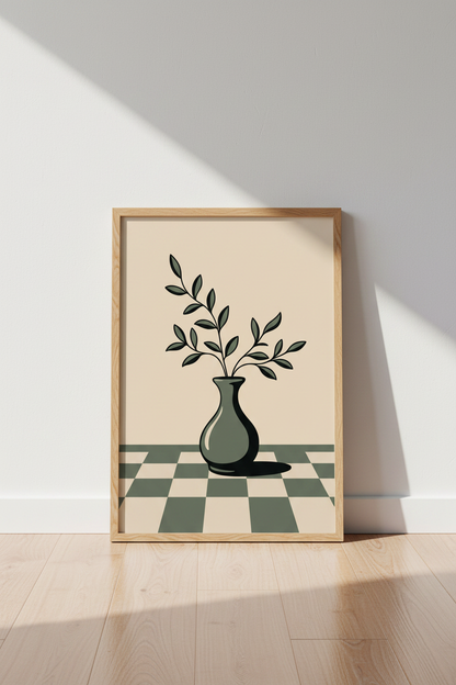 Sage Green Botanical Vase Print | Minimalist Checkered Art, Modern Living Room Poster