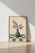 Sage Green Botanical Vase Print | Minimalist Checkered Art, Modern Living Room Poster