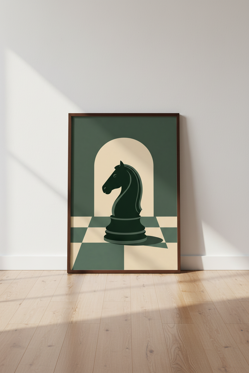 Chess Knight Wall Art Print | Office Decor | Minimalist Dark Green Poster
