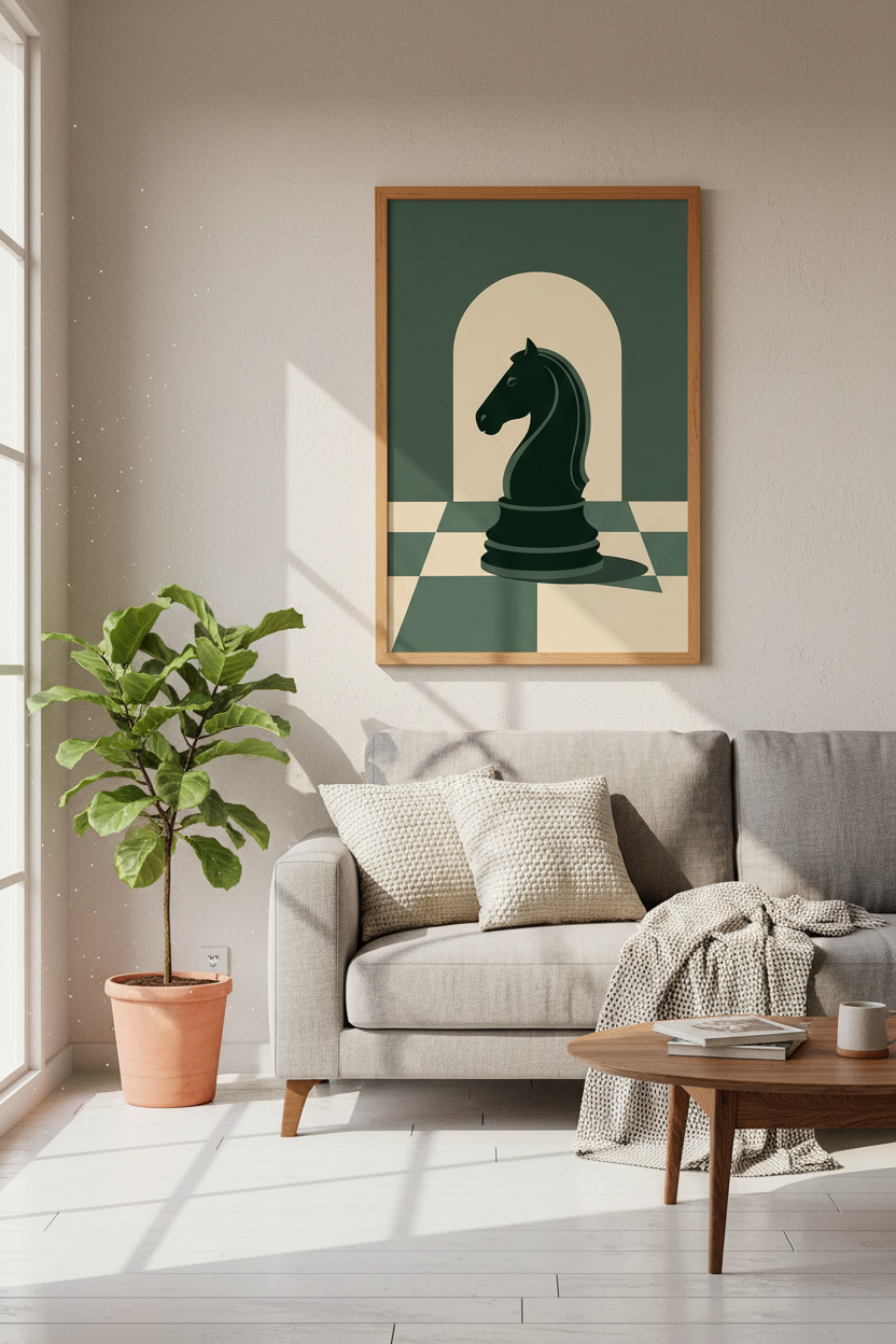 Chess Knight Wall Art Print | Office Decor | Minimalist Dark Green Poster