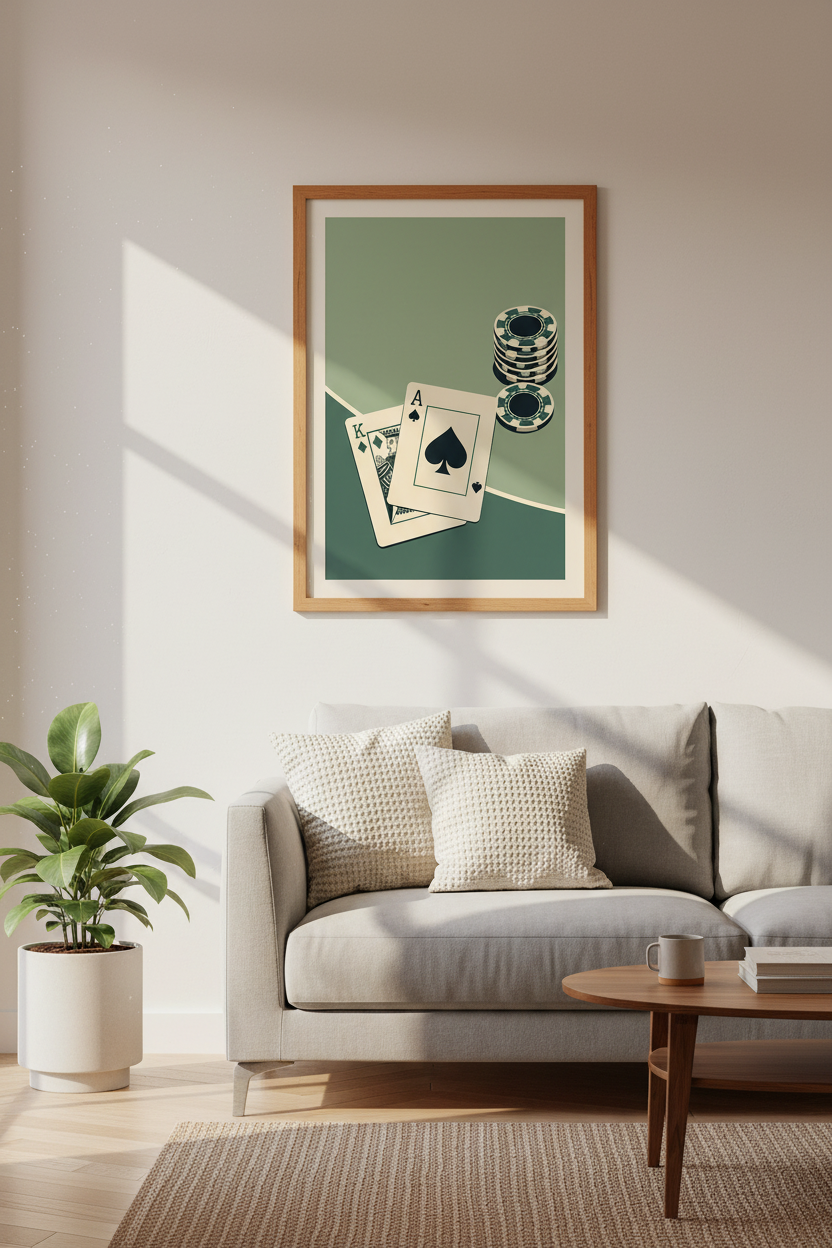 Poker Cards Canvas Wall Art | Sage Green Retro Casino Decor, Game Room Poster