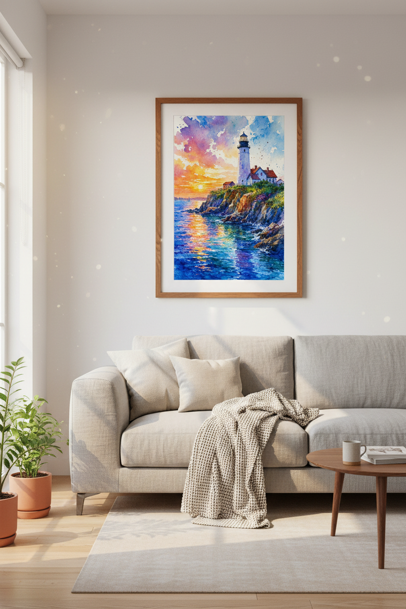 Lighthouse Landscape Watercolor Print | Sunset Coastal Decor | Nautical Wall Art