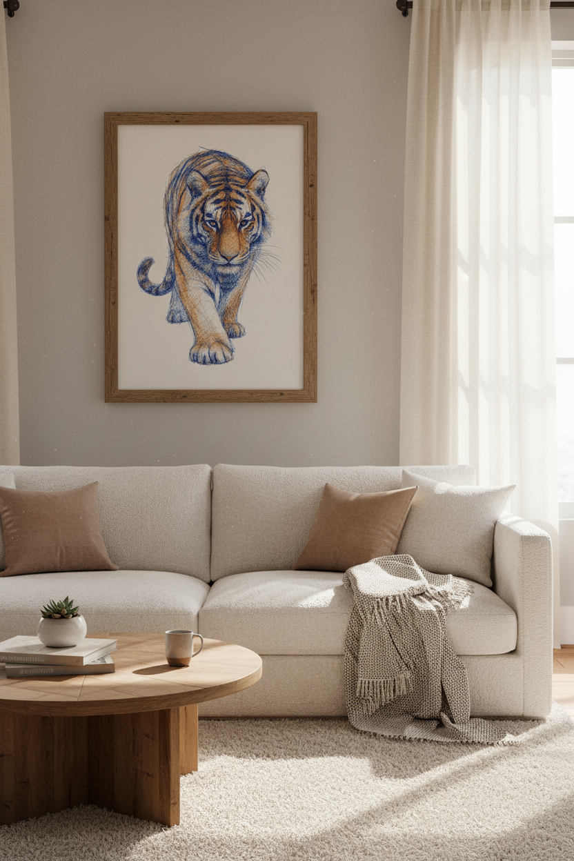Tiger Scribble Wall Art Print | Navy &amp; Orange Wildlife Sketch | Modern Room Decor