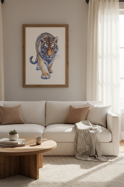 Tiger Scribble Wall Art Print | Navy &amp; Orange Wildlife Sketch | Modern Room Decor