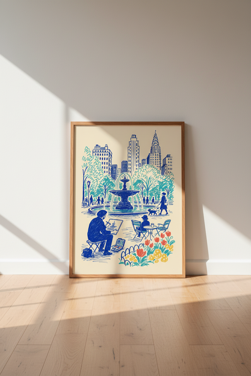 NYC Cityscape Sketch Wall Art | Bryant Park Illustration | Blue Modern Poster