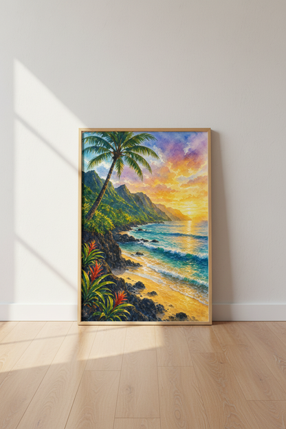 Tropical Beach Sunset Watercolor | Coastal Landscape Print, Living Room Decor