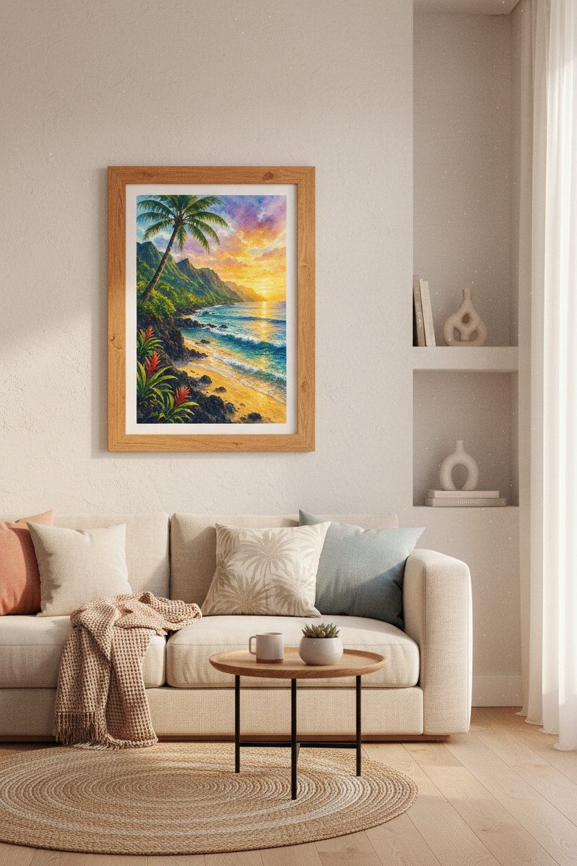Tropical Beach Sunset Watercolor | Coastal Landscape Print, Living Room Decor