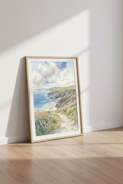 Coastal Cliff Watercolor Landscape | Blue Ocean Nature Print, Living Room Wall Art
