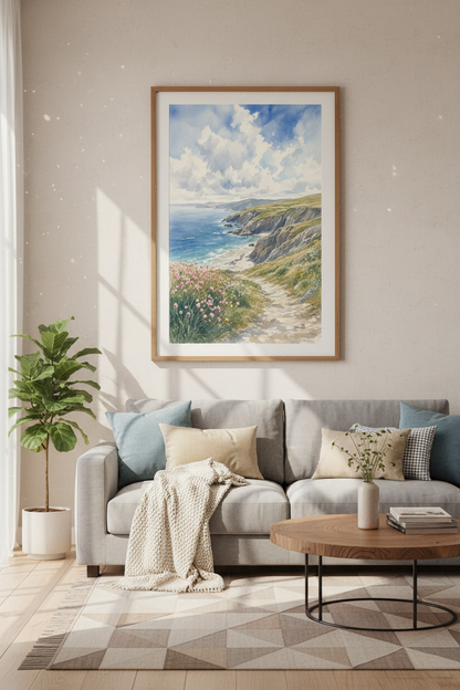 Coastal Cliff Watercolor Landscape | Blue Ocean Nature Print, Living Room Wall Art