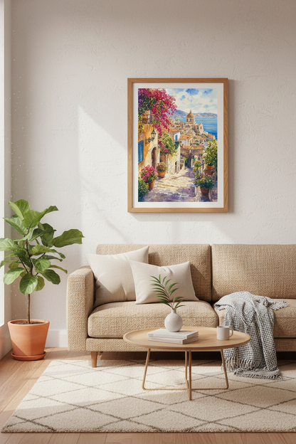 Mediterranean Coastal Village Art | Italy Watercolor Print, Amalfi Coast Decor