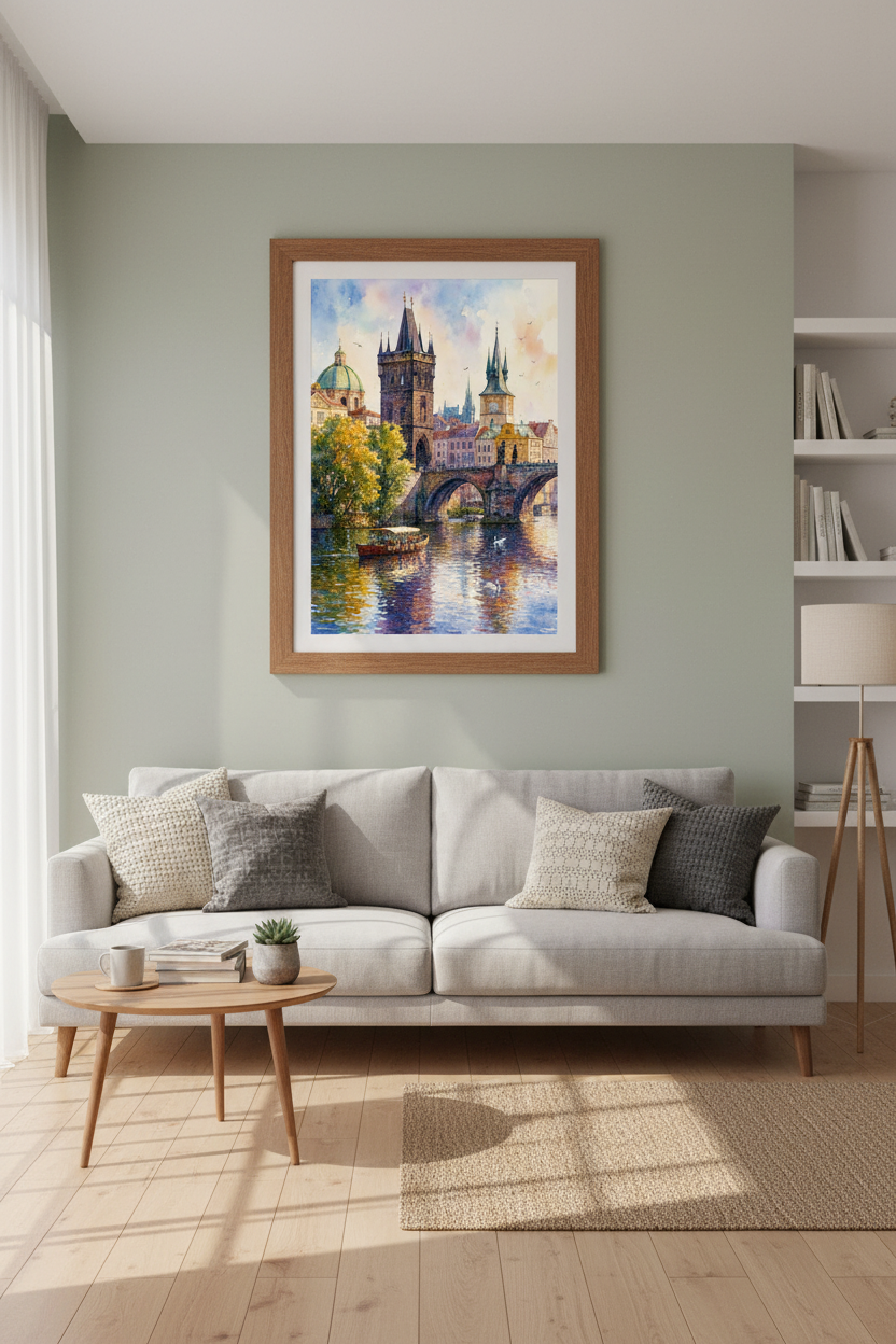 Prague Charles Bridge Wall Art | Watercolor Cityscape, European Travel Decor