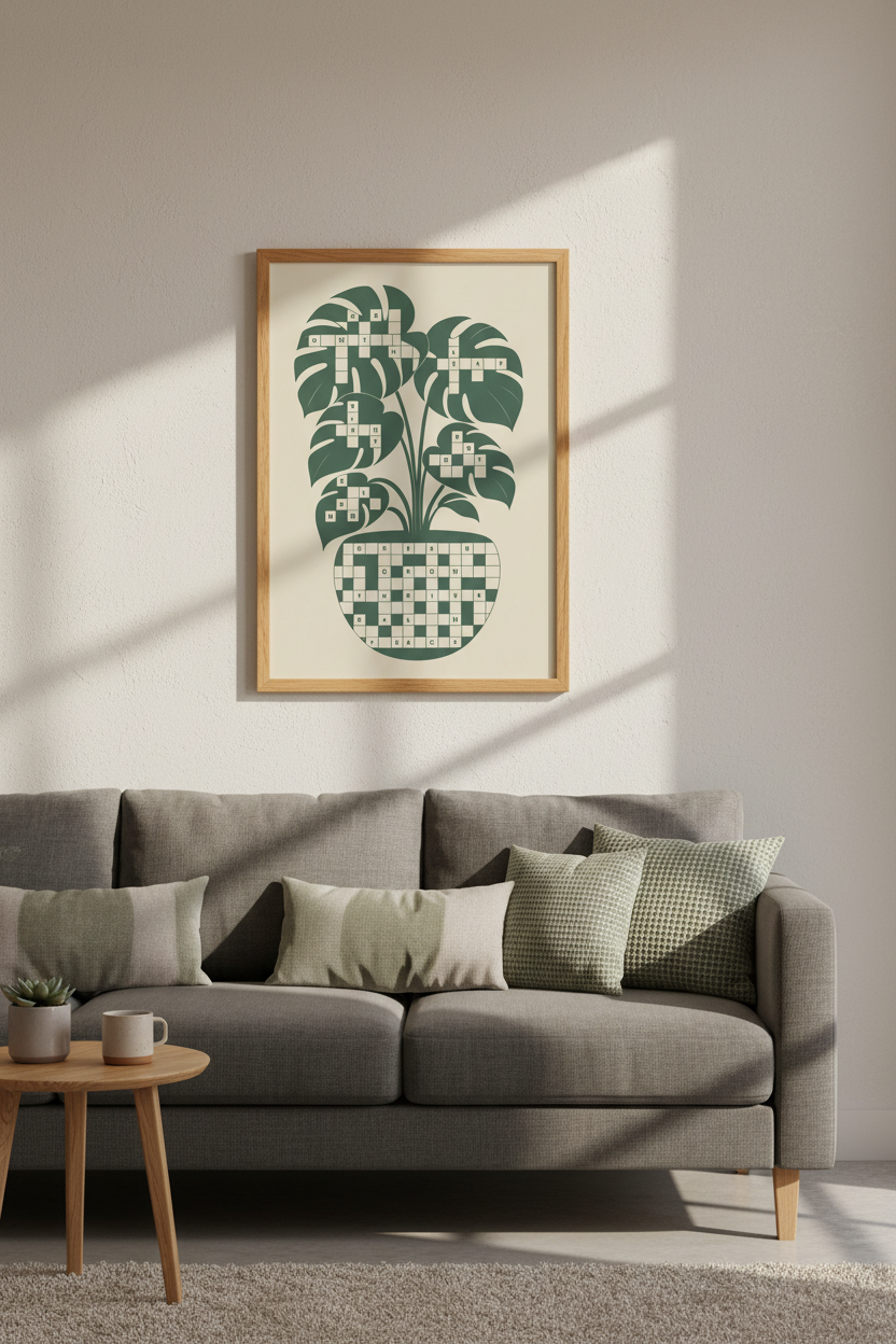 Monstera Crossword Wall Art Print | Sage Green Botanical Decor | Minimalist Poster