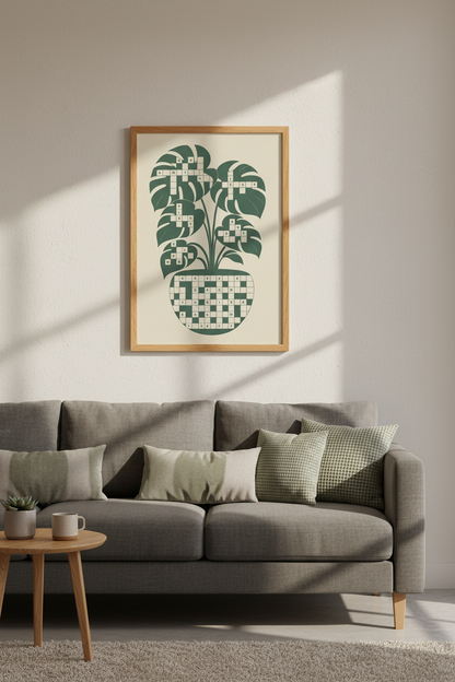 Monstera Crossword Wall Art Print | Sage Green Botanical Decor | Minimalist Poster