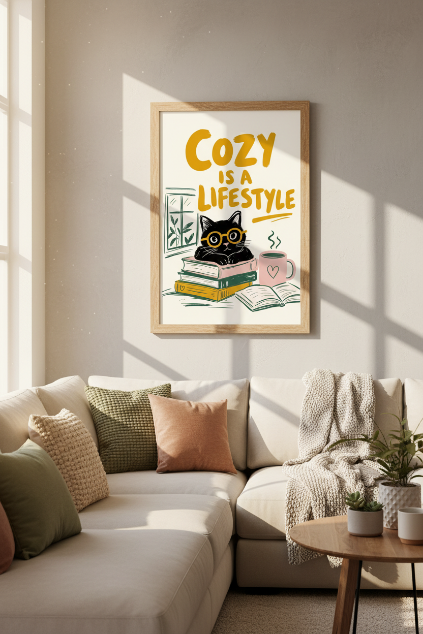Cozy Black Cat Book Wall Art | Reading Nook Decor | Scholarly Aesthetic Poster