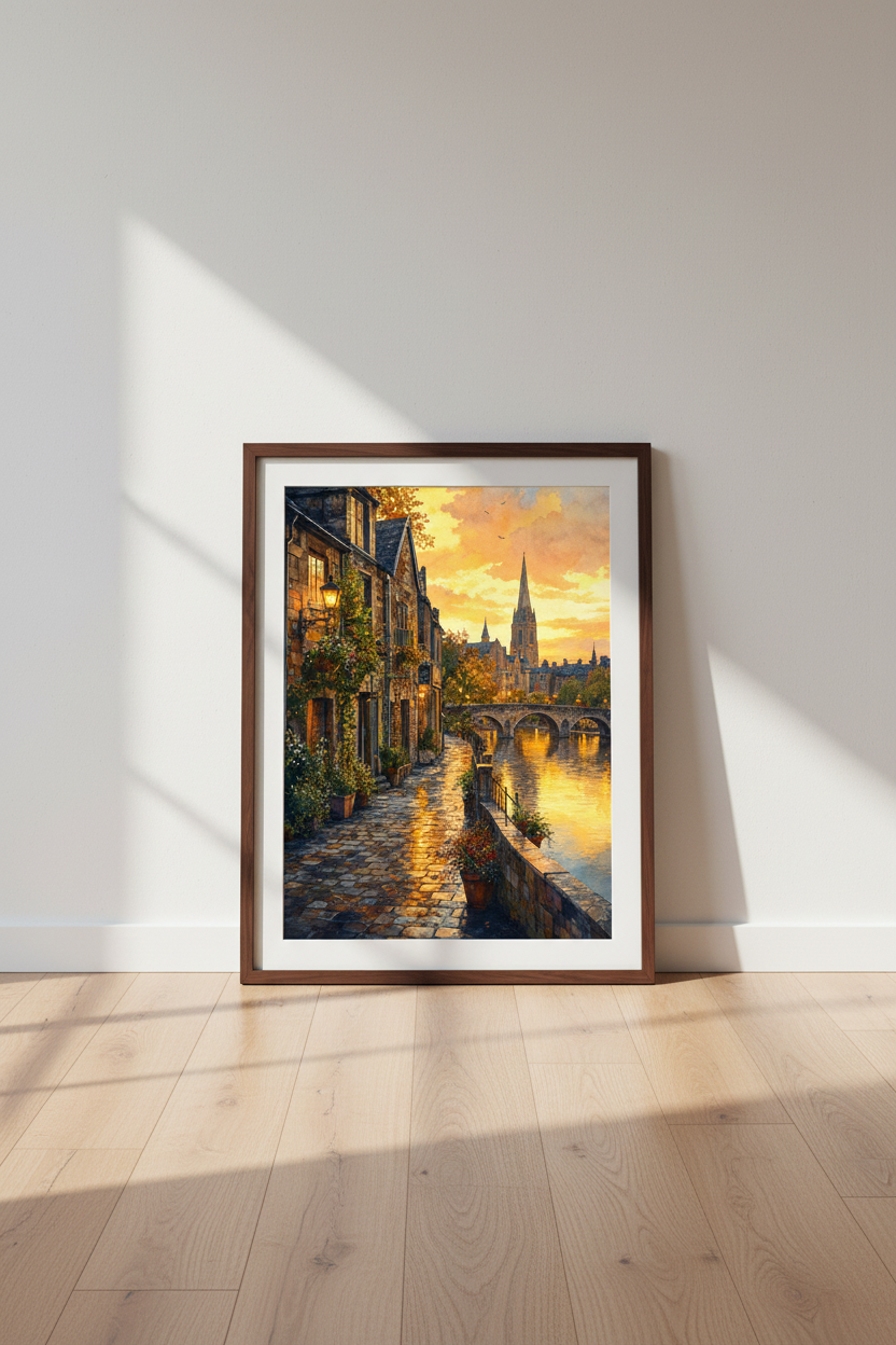 European Village Sunset Watercolor Print | Living Room Decor | Warm Aesthetic Art