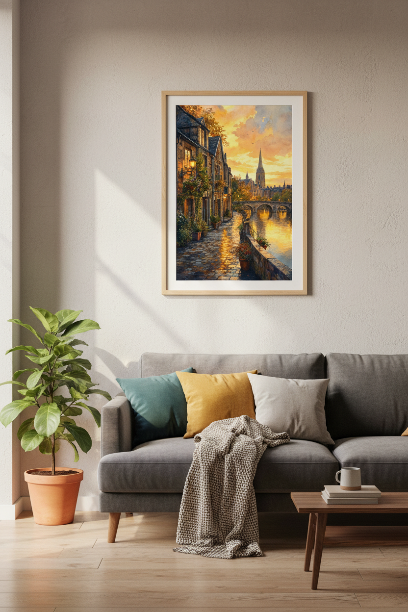 European Village Sunset Watercolor Print | Living Room Decor | Warm Aesthetic Art