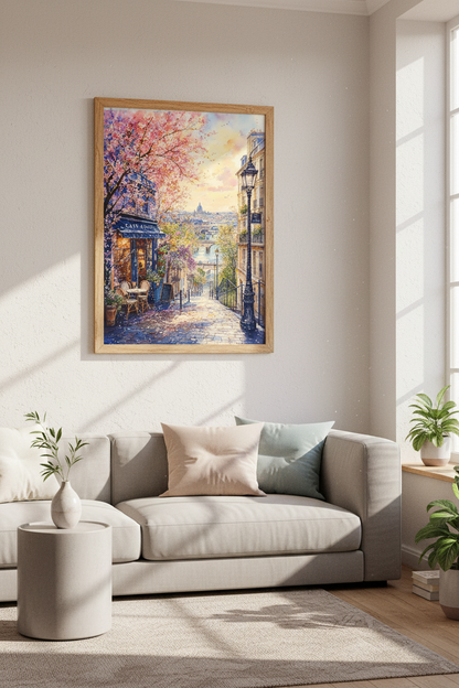 Paris Cafe Watercolor Print | Cherry Blossom Street Scene, Romantic Home Decor