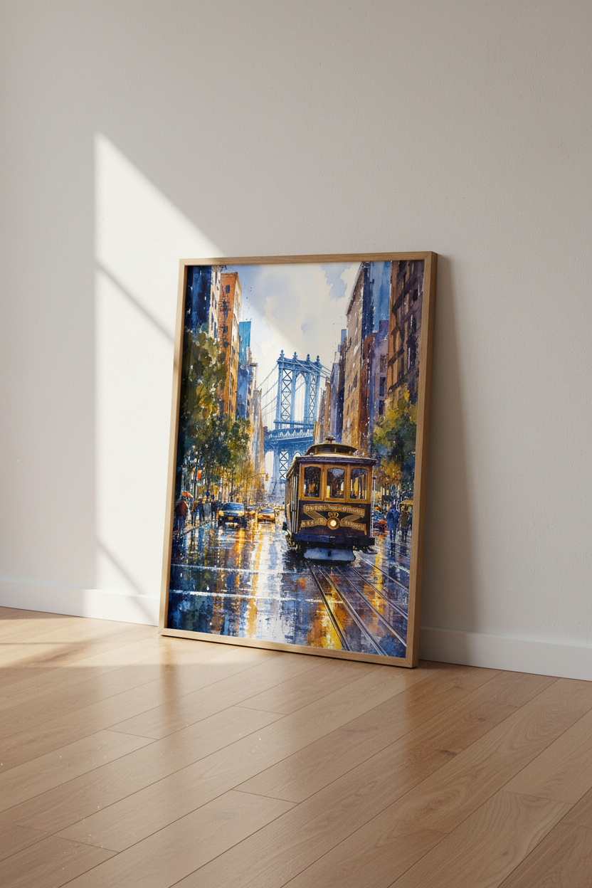 Watercolor Cityscape Trolley Art | Blue &amp; Gold Urban Poster, Office Decor