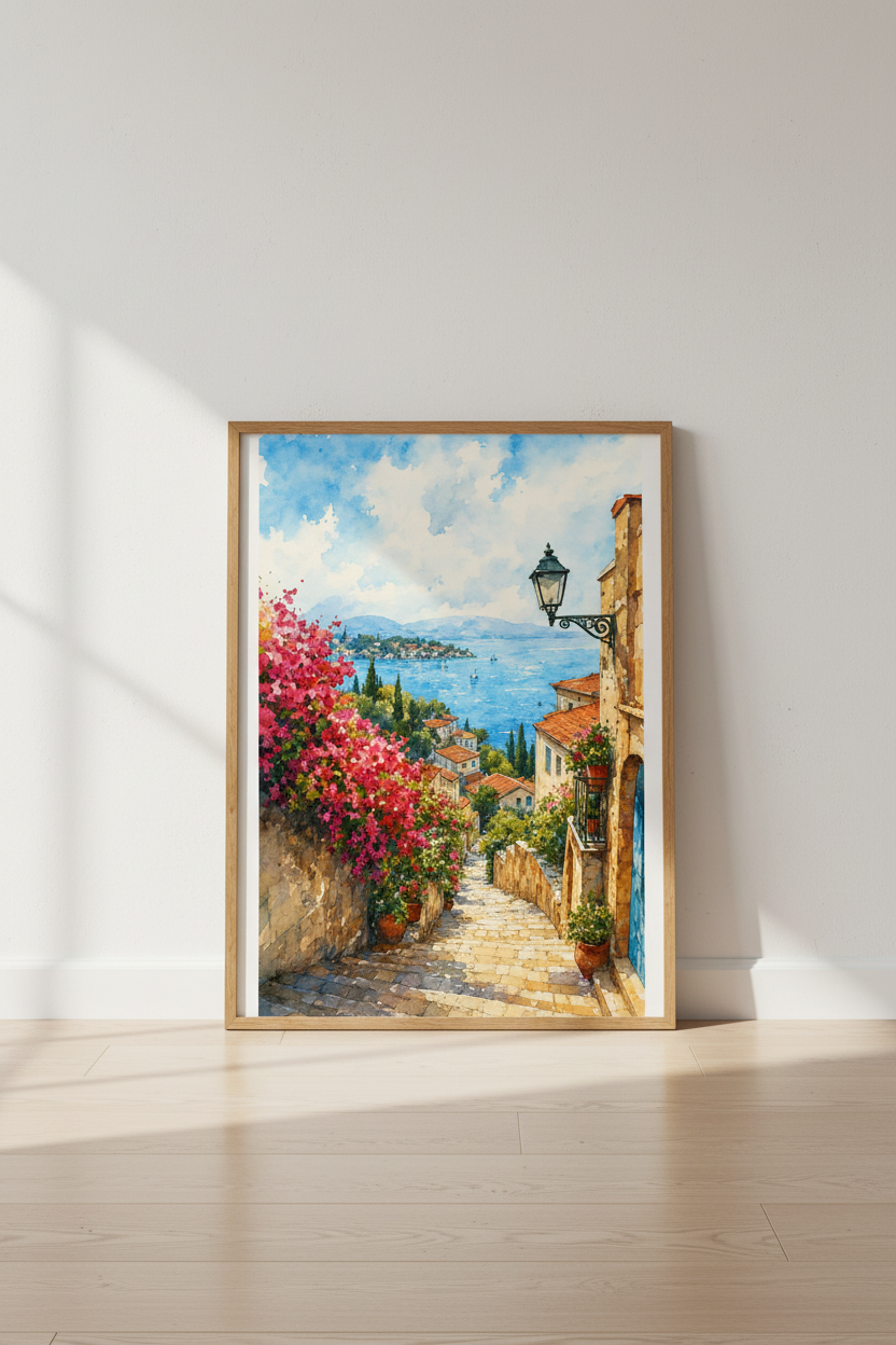 Coastal Italy Watercolor Print | Mediterranean Wall Art | Blue Sea Decor