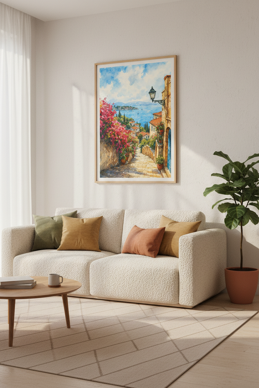 Coastal Italy Watercolor Print | Mediterranean Wall Art | Blue Sea Decor