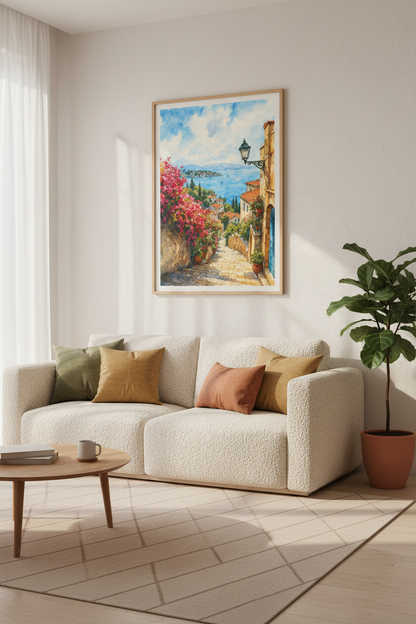 Coastal Italy Watercolor Print | Mediterranean Wall Art | Blue Sea Decor