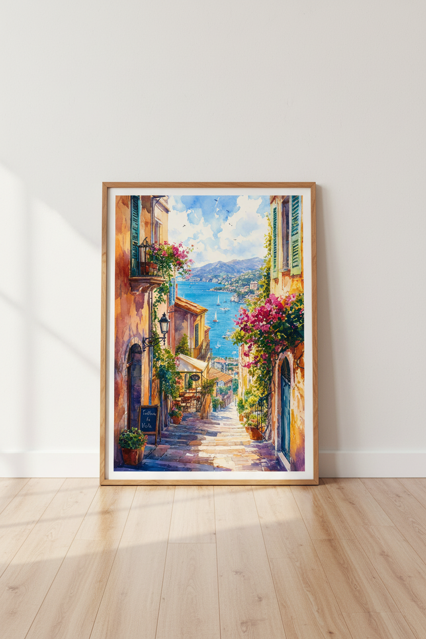 Italian Coastal Town | Watercolor Mediterranean Alleyway, Travel Poster Decor