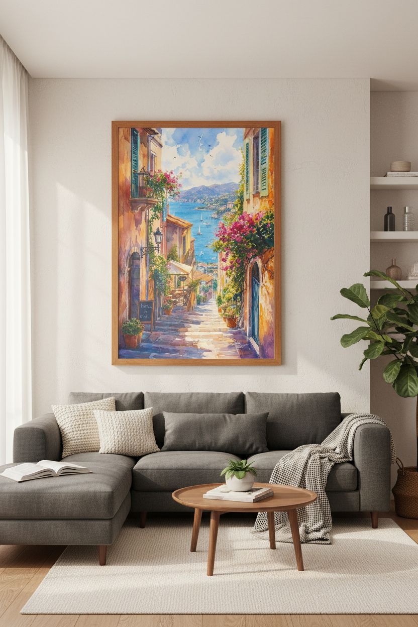 Italian Coastal Town | Watercolor Mediterranean Alleyway, Travel Poster Decor