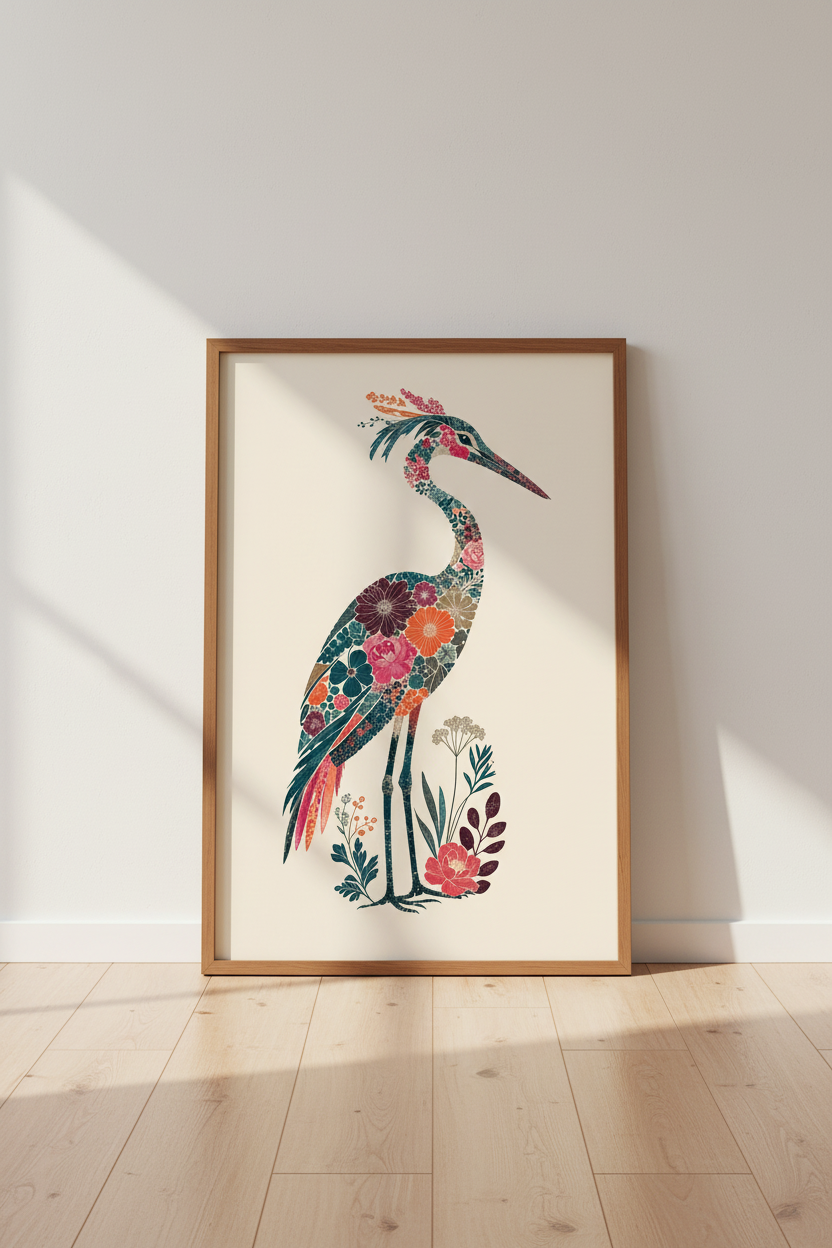 Floral Heron Wall Art Print | Boho Botanical Bird Poster, Living Room Decor