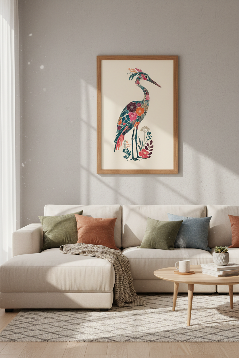 Floral Heron Wall Art Print | Boho Botanical Bird Poster, Living Room Decor