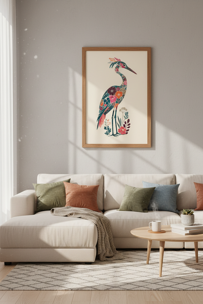 Floral Heron Wall Art Print | Boho Botanical Bird Poster, Living Room Decor
