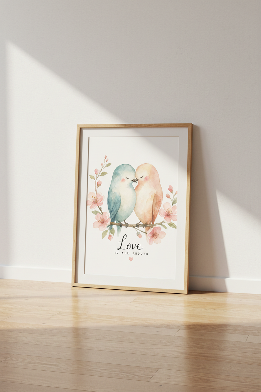 Watercolor Lovebirds Wall Art | Pastel Floral Bird Decor | Nursery &amp; Bedroom Poster