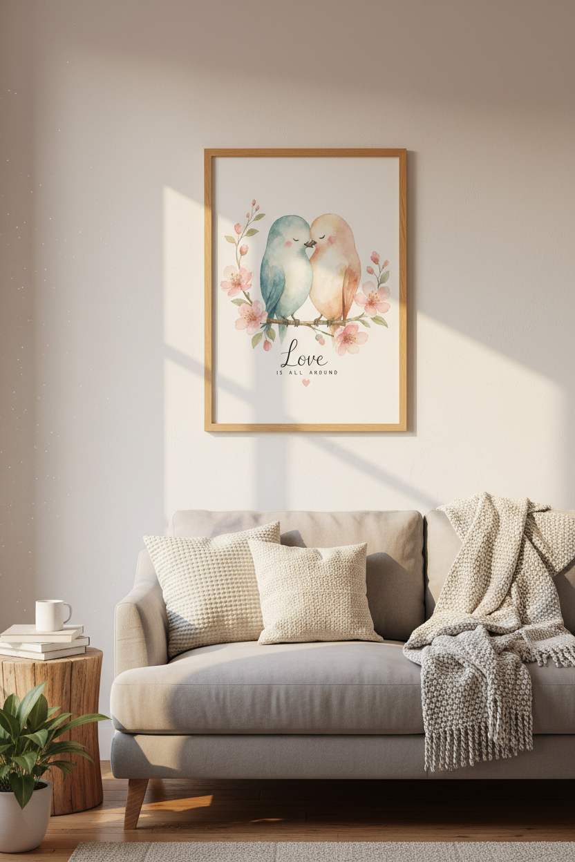 Watercolor Lovebirds Wall Art | Pastel Floral Bird Decor | Nursery &amp; Bedroom Poster