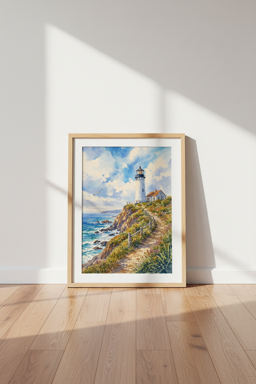 Lighthouse Watercolor Wall Art | Coastal Blue Ocean Print, Beach House Decor