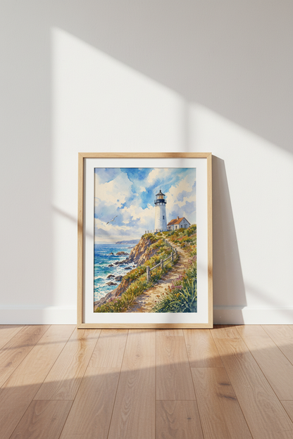 Lighthouse Watercolor Wall Art | Coastal Blue Ocean Print, Beach House Decor