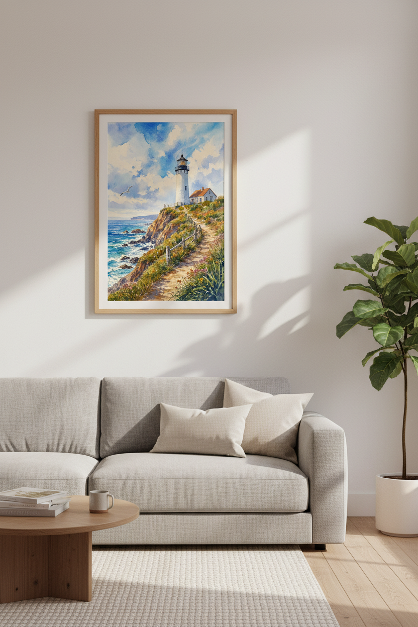 Lighthouse Watercolor Wall Art | Coastal Blue Ocean Print, Beach House Decor