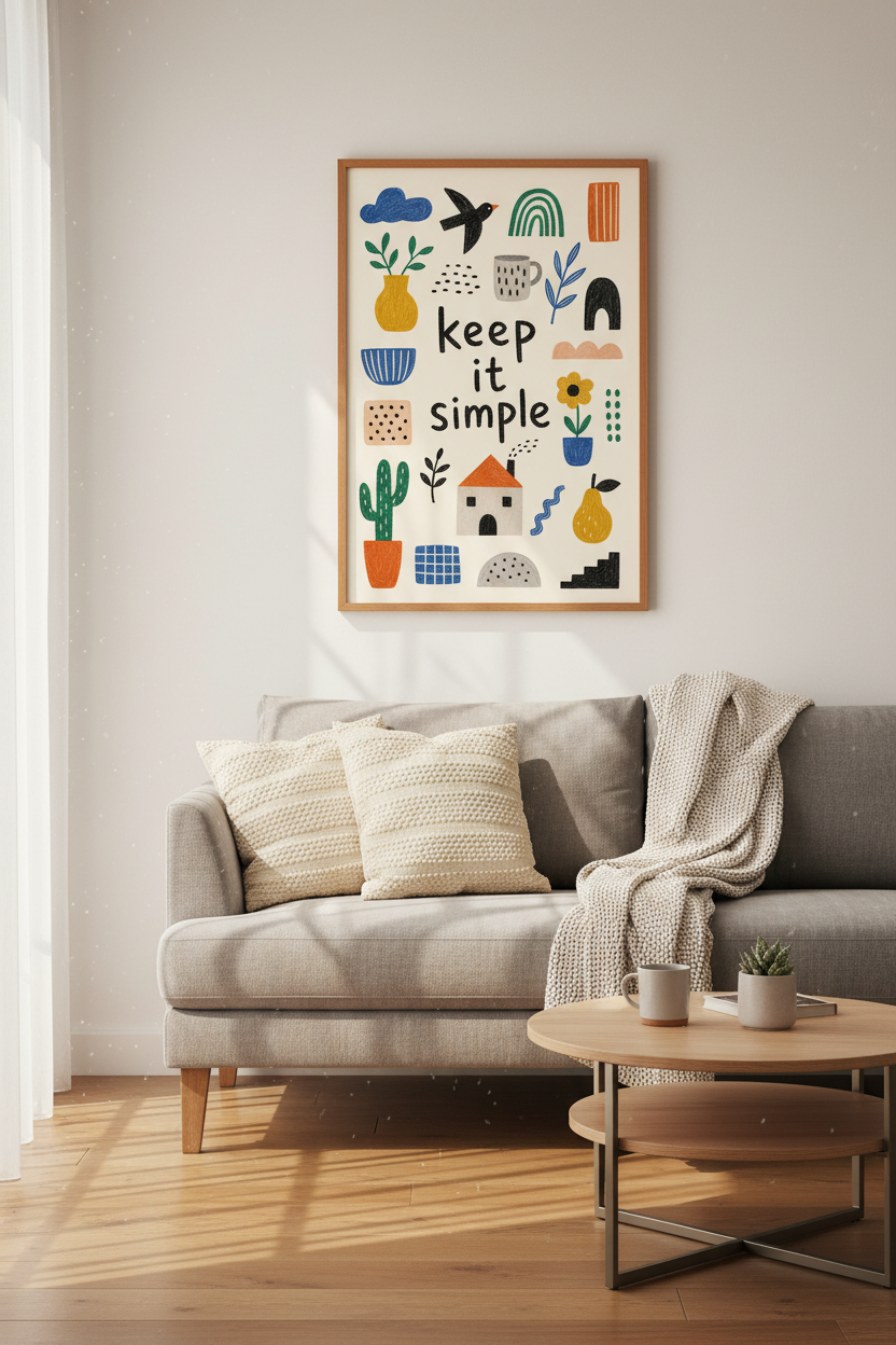 Keep It Simple Wall Art | Colorful Folk Style Illustration, Boho Home Decor