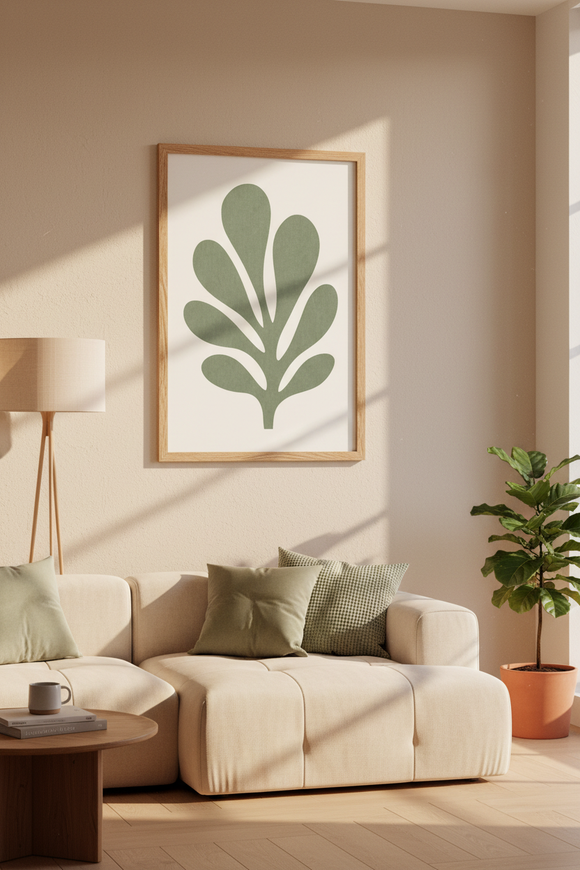 Sage Green Botanical Leaf Art | Minimalist Abstract Poster, Modern Living Room Decor