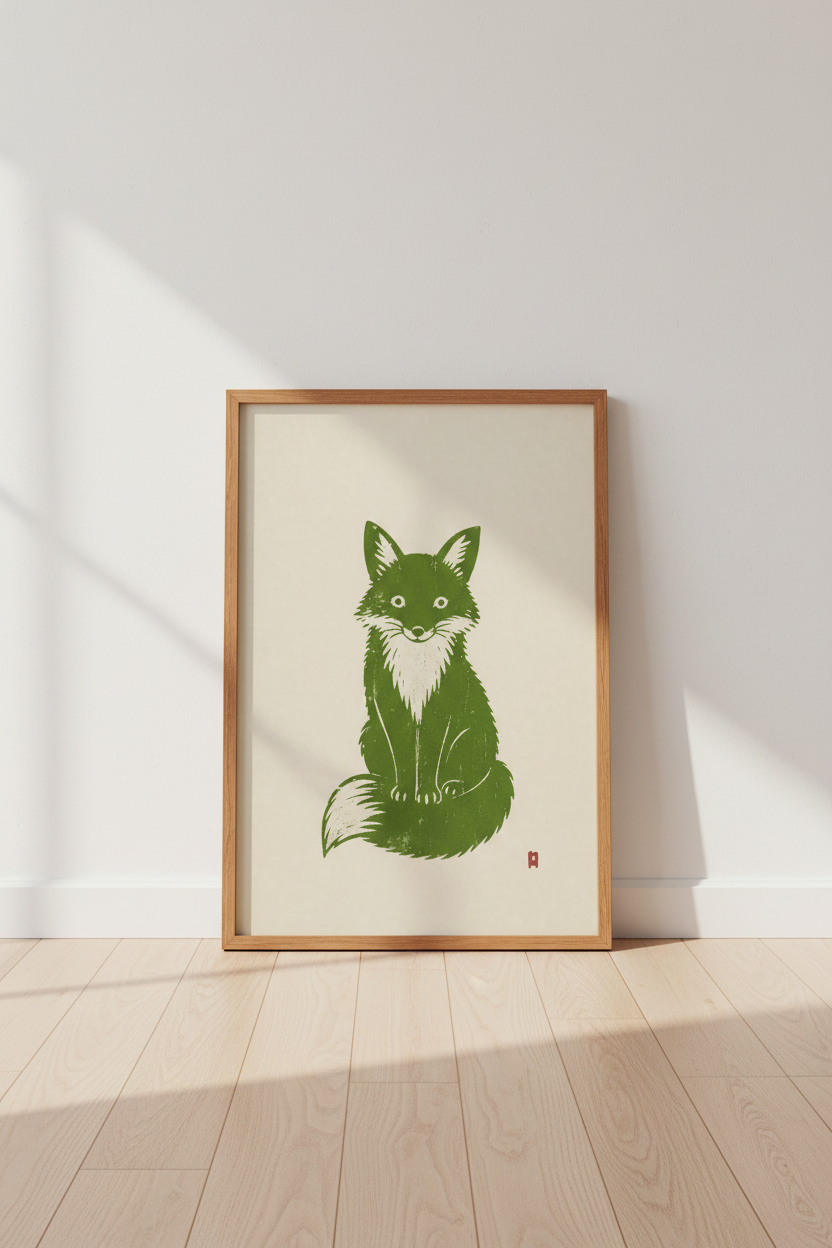 Fox Linocut Poster | Forest Green Wildlife Art Print, Woodland Nursery Decor