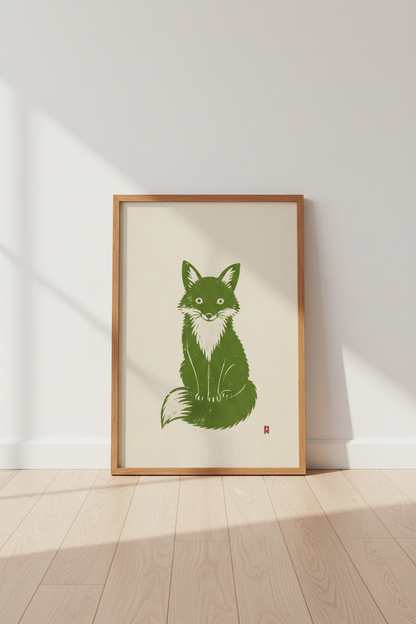 Fox Linocut Poster | Forest Green Wildlife Art Print, Woodland Nursery Decor
