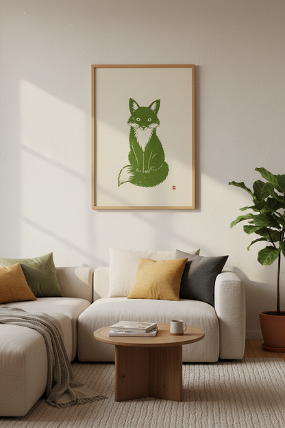 Fox Linocut Poster | Forest Green Wildlife Art Print, Woodland Nursery Decor