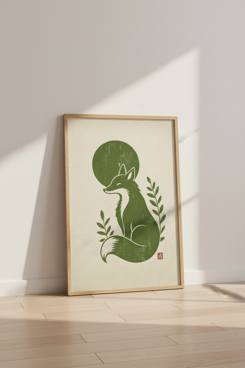 Fox Linocut Wall Art Print | Forest Green Nursery Decor | Minimalist Poster
