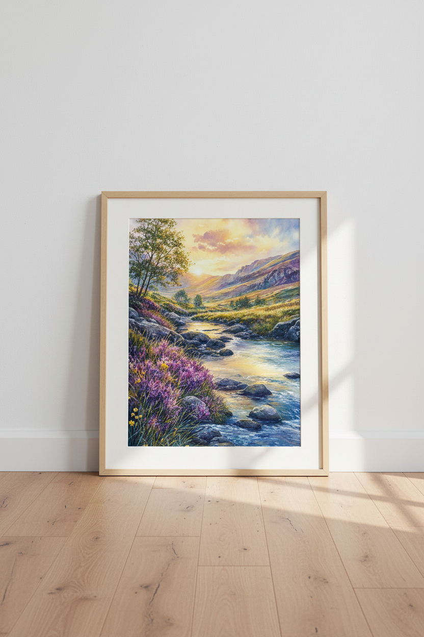 Mountain River Sunset | Watercolor Purple Heather Landscape, Nature Wall Art Decor