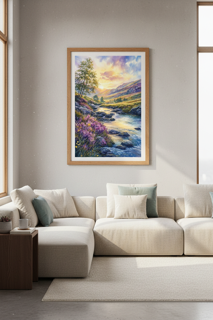 Mountain River Sunset | Watercolor Purple Heather Landscape, Nature Wall Art Decor